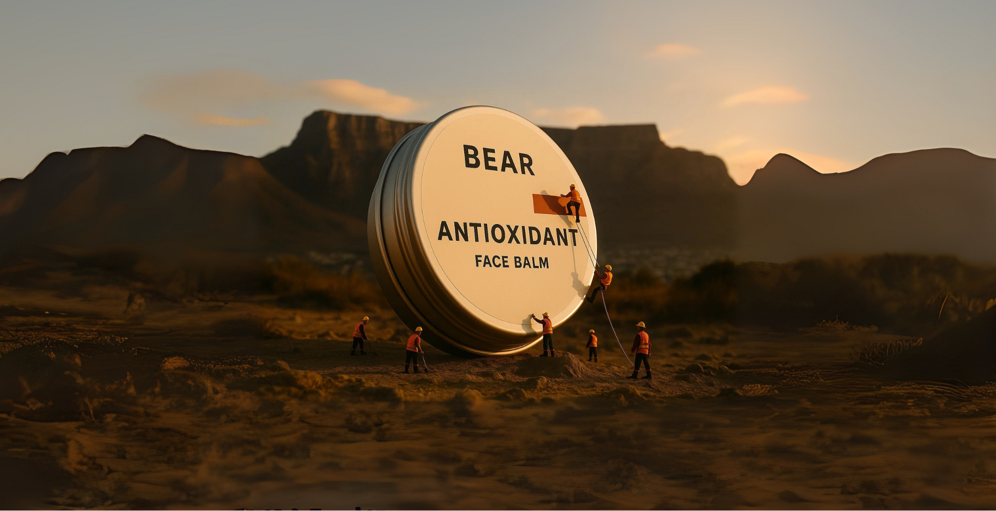 Bear Antioxidant Face Balm container in a desert landscape with people around it.